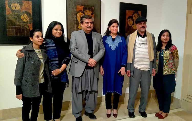 Akram Dost with Director PNCA Jamal Shah, Director Satrang Gallery Asma Khan, Curator Zaira Ahmad and Assistant Curators Maimoona Riaz and Jasmine Michael