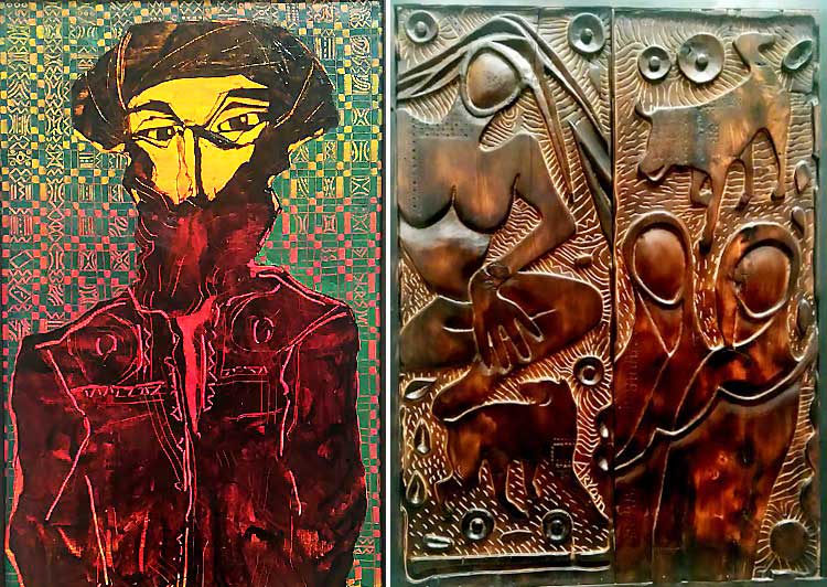 Figurative oil painting and intricate wood carving by Akram Dost at Satrang Art Gallery, Islamabad