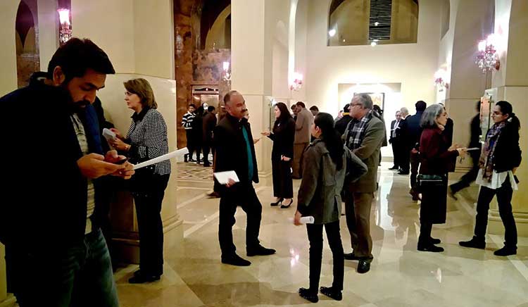 Visitors at the exhibition by Akram Dost Baloch at Satrang Art Gallery, Islamabad