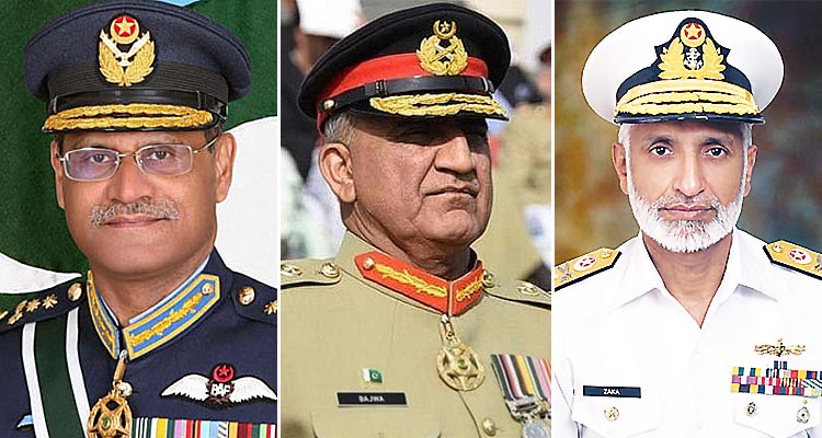 Air Chief Marshal Sohail Aman, Chief of Air Staff (left), General Qamar Javed Bajwa, Chief of Army Staff (center), Admiral Mohammad Zakaullah, Chief of Naval Staff (right) Air Chief Marshal Sohail Aman, Chief of Air Staff (left), General Qamar Javed Bajwa, Chief of Army Staff (center), Admiral Mohammad Zakaullah, Chief of Naval Staff (right)